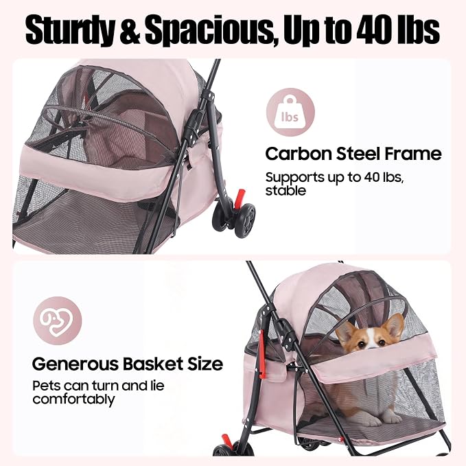 Pet Stroller for Small Medium Dogs Cats, Lightweight Foldable Pet Wagon with 360° Front Wheels & Brake, 40 lbs Capacity Carrier for Park Travel Shopping, Breathable Mesh Basket (Pale Pinkish Grey)