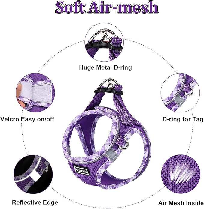 Mercano Soft Mesh Dog Harness and Leash Set, No-Chock Step-in Reflective Breathable Lightweight Easy Walk Vest Harnesses with Safety Buckle for Small Dogs, Cats (XL, Purple)