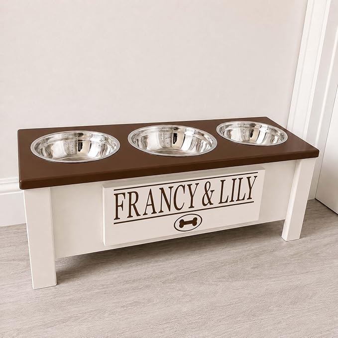 3 Bowl Dog Feeding Station, Personalized Triple Bowl Food Stand Medium Dogs | Farmhouse Style, Elevated Wood Stand, Storage Container, Stainless Steel Bowls, Raised Anti-Slip Feeder, Made in USA