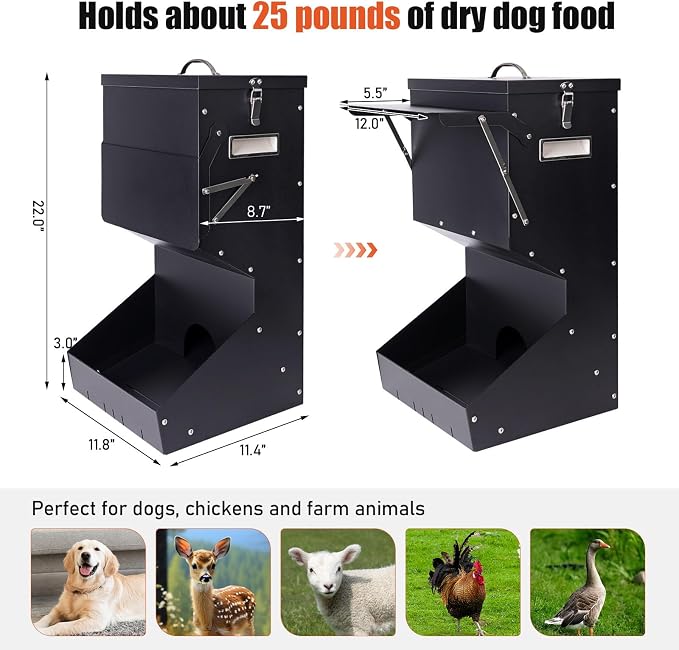 Outdoor Automatic Dog Feeder Large Breed 25 lbs Gravity Dog Feeder | Galvanized Metal Self Feeding Dog Food Dispenser Hanging Pet Food Feeders for Dogs Chickens and Farm Animals