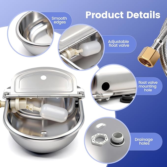 Automatic Dog Water Bowl Dispenser Outdoor, Water Dispenser for Dogs Cats, 304 Stainless Steel Waterer for Large Dogs Chicken Duck Pig Cow Goat, Wall Mountable, with Drainage Hole