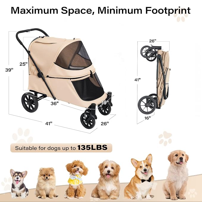 LAUSAINT HOME 4 Wheels Pet Stroller, Foldable Extra Large Dog Stroller for Medium & Large Dogs/Cats with Built-in Access Ramp, Dog Carrier Cat Stroller with Breathable Mesh, Khaki