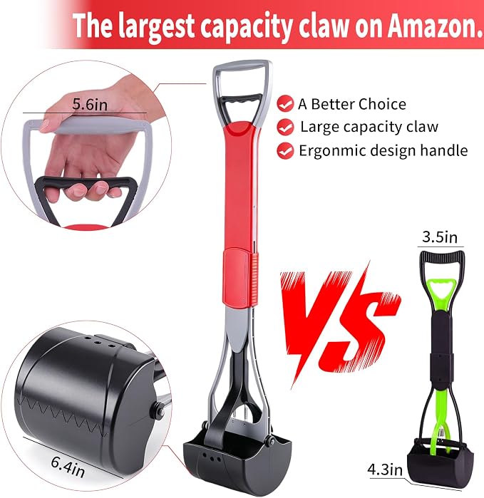 ienjoyed 36“ Largest Dog Pooper Scooper for Large Dogs Heavy Duty, Non-Breakable Dog Poop Scooper with Wide Handle for Grass, Gravel, Huge Dog Poop Pick Up Tool, Long Handled Poop Grabber, Red