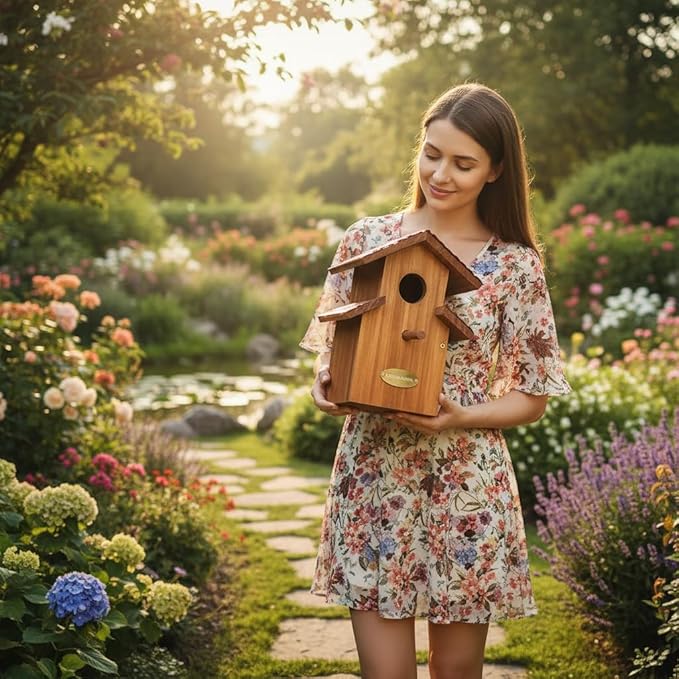Water Proof Bluebird House for Outside, 2 Layers Metal Roof Water Proof, Outdoor Lifetime Durability Solid Cedar Wood Bird House for Pole, Secure Latch, Updated 1.5" Hole Size (Comfy Mansion)