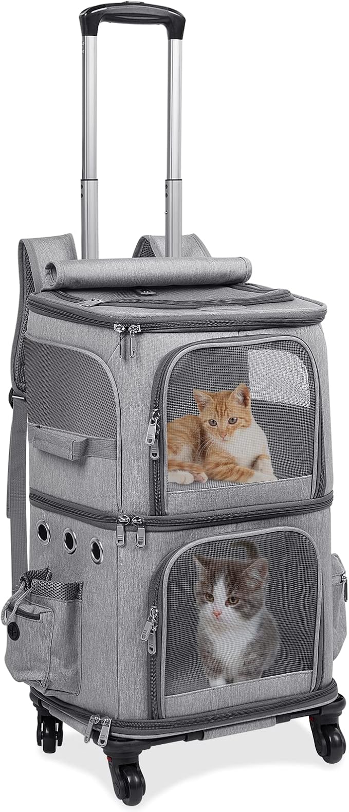 Double-Compartment Cat Carrier Backpack with Wheels for Two Pets | 2-in-1 Pet Rolling Carrier for Smalls Cats and Dogs, Perfect for Traveling / Walking/ Vet, Up to 12 lbs each, Grey