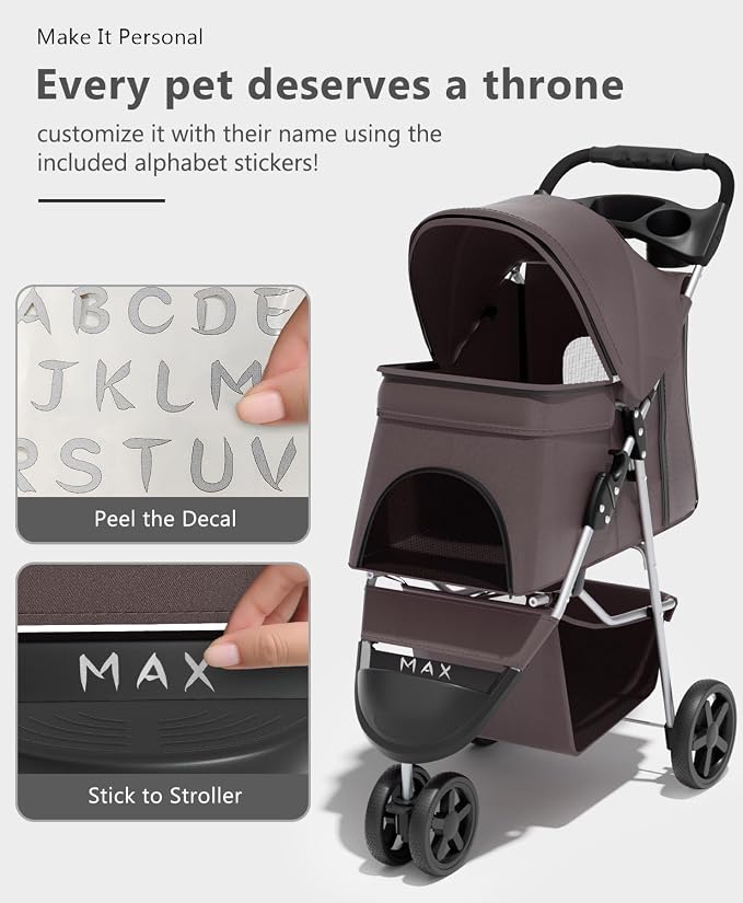 OS MOTOR 3 Wheels Pet Stroller for Small Medium Pets, Coffee | Foldable Carrier Jogger, Rear Wheel Breaks, Storage Basket, Visible Mesh Weather Cover, Portable, Dog, Cat, Puppy, Kitty