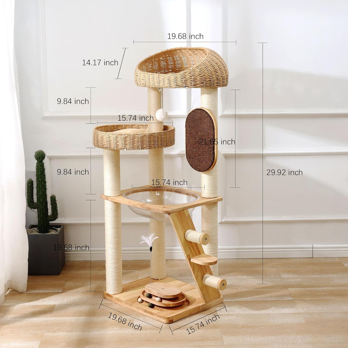 Solid Wood Cat Tree, 50 Inch Modern Cat Tower with Space Capsule, Hand-Woven Basket Nest, Sisal Posts & Scratching Board, Heavy-Duty Multi-Level Indoor Tower