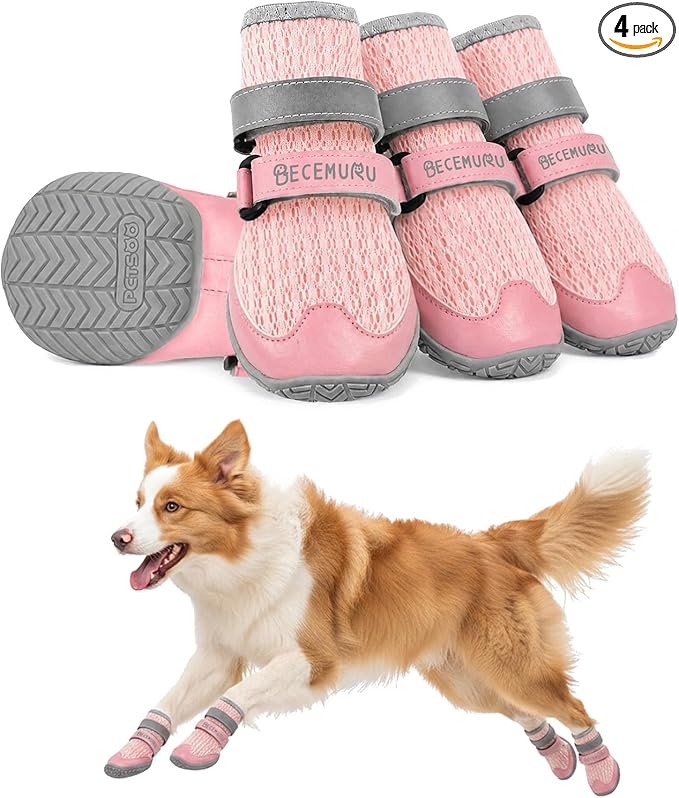 BECEMURU Dog Shoes for Summer, Double-Straps Anti-Slip Dog Boots & Paw Protectors for Hot Pavement, Breathable & Light Weight Outdoor Walking Hiking Pink Size 3