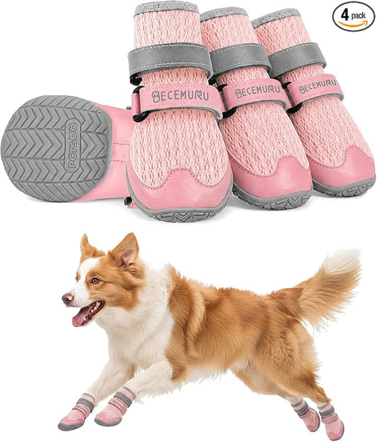 BECEMURU Dog Shoes for Summer, Double-Straps Anti-Slip Dog Boots & Paw Protectors for Hot Pavement, Breathable & Light Weight Outdoor Walking Hiking Pink Size 3