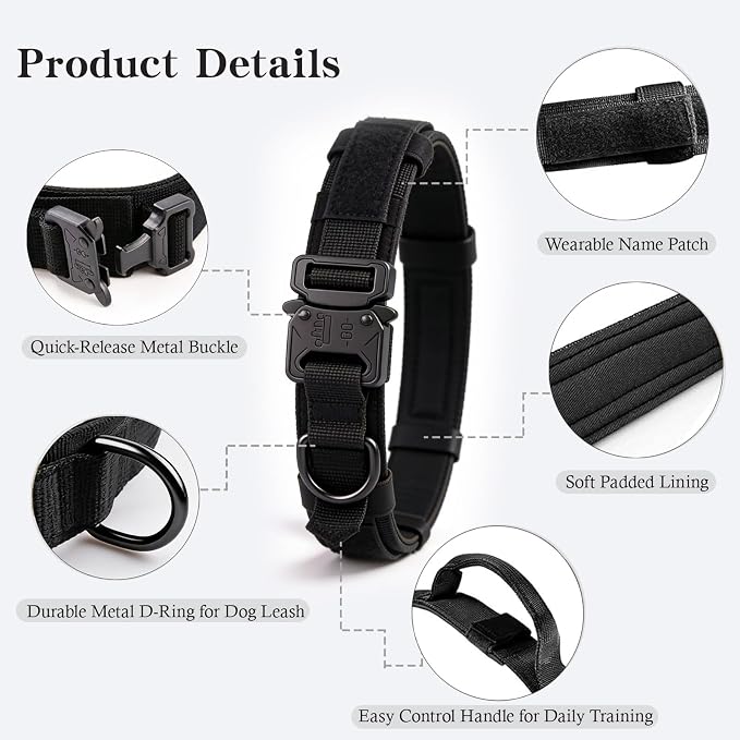 Tactical Dog Collar and Leash Set for Large Dogs with Control Handle，Black | 1000D Heavy-Duty Nylon Fabric,Quick-Release Metal Buckle,Adjustable Fit,Soft-Padded Webbing,D-Ring,for Training & Hiking,XXL