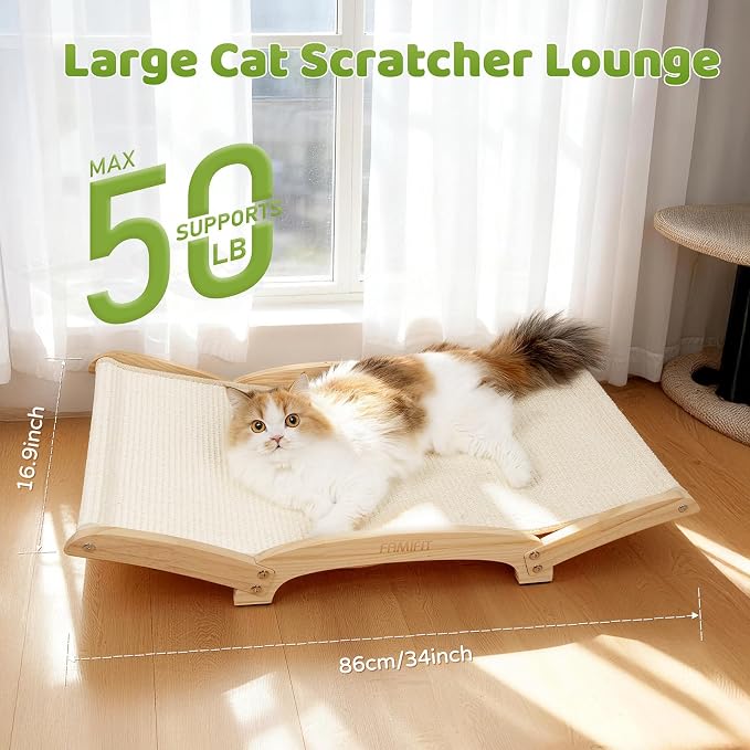 34" Extra Large Cat Scratcher Bed, Natural Sisal Lounge Cat Furniture | Scratch & Rest Design with Wooden Frame, Natural Sisal Scratching Surface, Cozy Lounge Chair for Indoor Cats