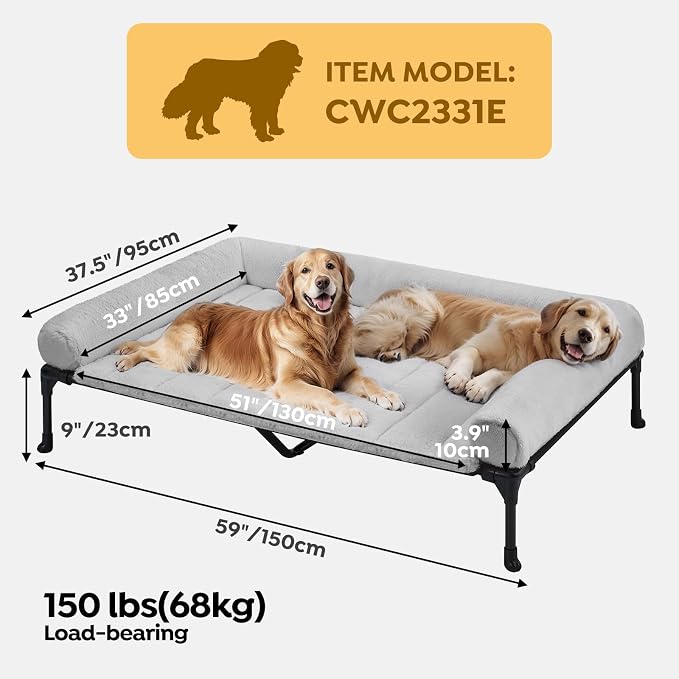 Veehoo Elevated Dog Beds Large Sized Dog with Fluffy Plush Bolster Cushion | Orthopedic Raised Dog Beds for Indoor Outdoor, Soft Pet Sofa Cot with Removable Washable Mat, No-Slip Feet, 59" x 37", Grey