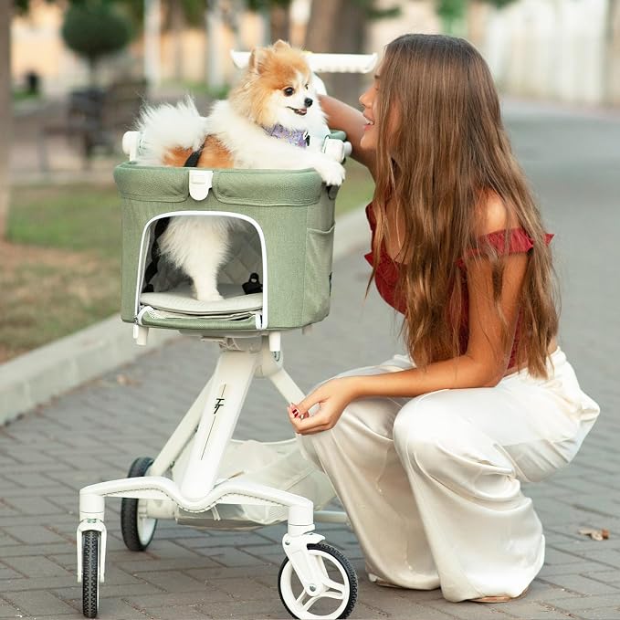 TT Pet Stroller for Small Dogs & Cats (Green) | Detachable Carrier, Aluminum Alloy Frame, Adjustable Handle, Easy Assembly, One-Touch Braking, Larger Rear Wheels
