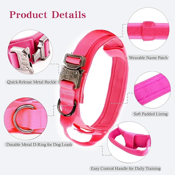 Tactical Dog Collar and Leash Set for Large Dogs with Control Handle,Pink | 1000D Heavy-Duty Nylon Fabric,Quick-Release Metal Buckle,Adjustable Fit,Soft-Padded Webbing,D-Ring,for Training & Hiking,S