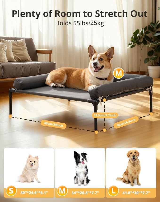 Cooling Elevated Dog Bed, 26.8x34 Raised Dog Bed with Removable Bolster Cushion, Breathable Mesh, Non-Slip Feet, and Metal Frame for Medium Breeds Indoor Outdoor | Raised Dog Bed with Removable Bolster Cushion, Sturdy Metal Frame, Non-Slip Feet, for Me...