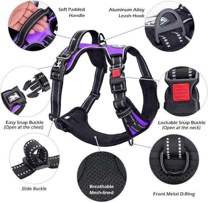 PoyPet No Pull Dog Harness Small with Front Clip & Neck Release Buckle | No Choke, Adjustable Vest, Reflective, Back Clip, Lockable, Soft Padded, Easy Control Handle for Walking Training, S, Purple