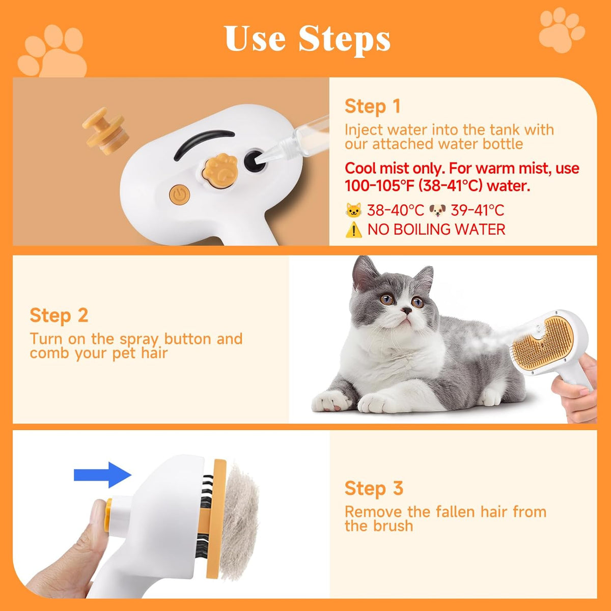 Cat Steam Brush, Pet Steam Brush for Cat & Dog, Mist Spray Comb, Spritz Defur Tool, Water Grooming Kit, Dog Hair Removal Steam Cleaner with Release Button