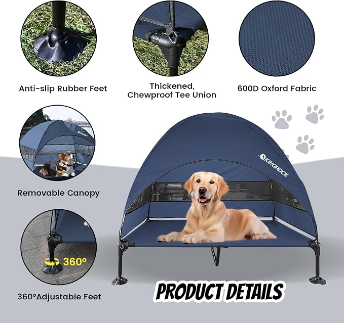 KINGROCK Elevated Dog Bed with Removable Canopy Portable Outdoor Pet Cot Waterproof 600D Oxford Fabric Anti Slip Feet for Large Dogs Camping Beach Indoor and Outdoor Use