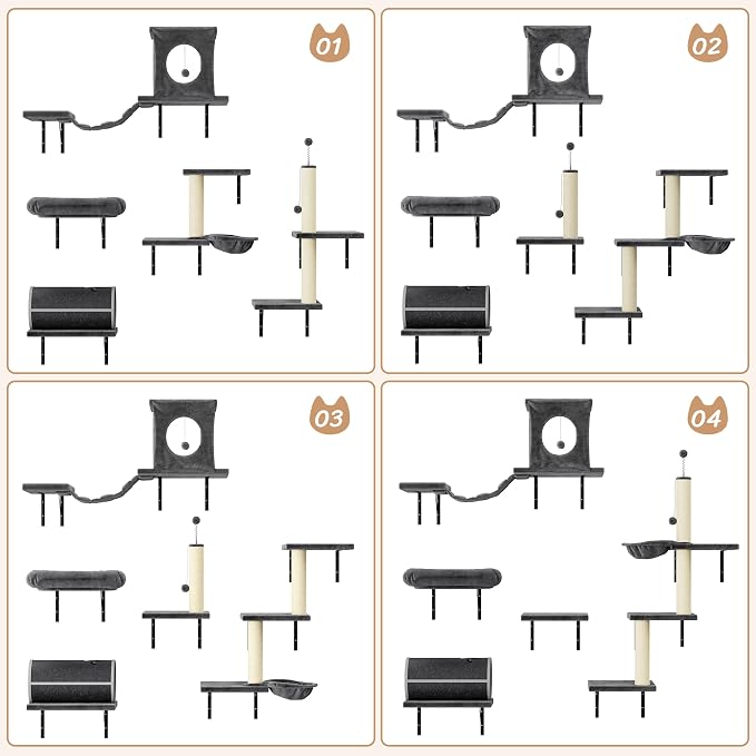 NUNU LAB 7-in-1 Cat Wall Shelves, Wall Mounted Cat Climber Set, Cat Furniture with House, Tunnel, Bridge, Steps, Scratcher, Hammock, Shelves for Indoor, Drak Grey