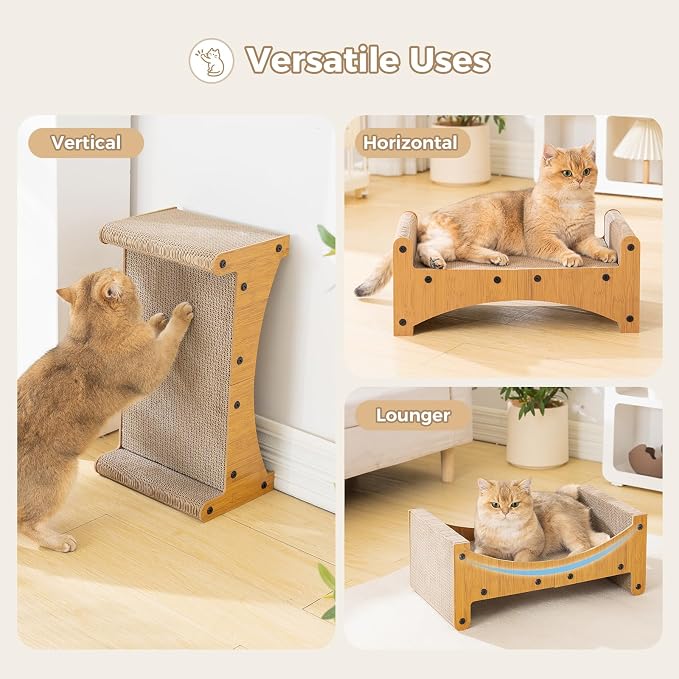 Avont Cat Scratcher Lounge, 3-in-1 Reversible Cardboard Scratching Bed, Horizontal Lounger for Indoor Cats Kittens - Nature