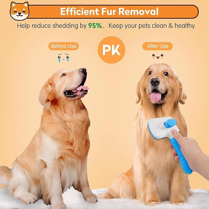 Dog & Cat Brush Kit 2PCS, Self Cleaning Slicker Brush for Pets, Upgraded Dog Brush for Shedding Massaging and Grooming, Removes Loose Undercoat & Portable Comb for Long Short Haired Dogs(Blue)
