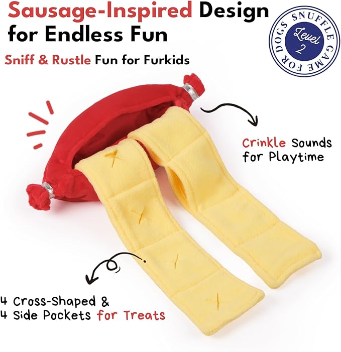 CHEWFFON Interactive Snuffle Sausage Dog Toy, Crinkle Puzzle Enrichment Toy with Treat Pockets, Nose Work Toy for Boredom, All Dog Sizes