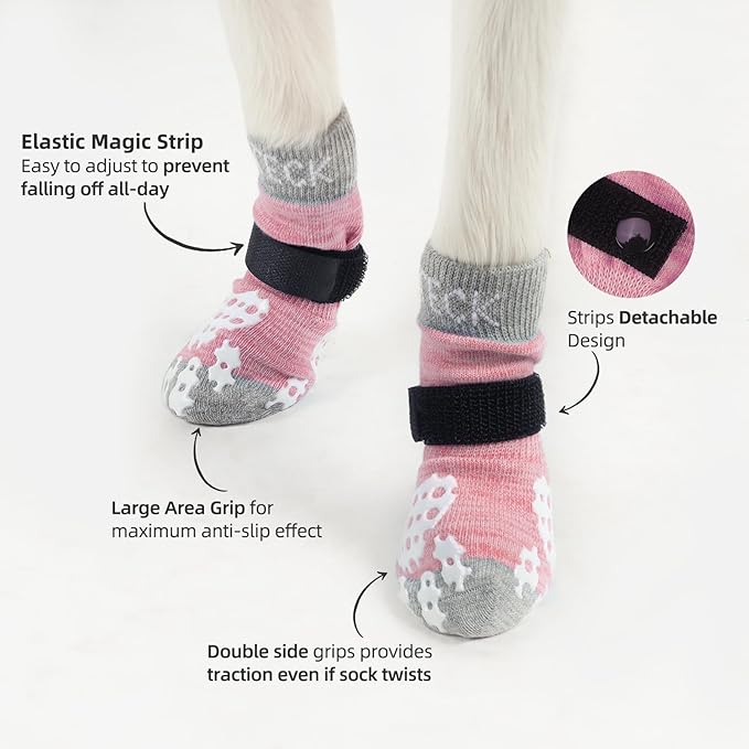 PUPTECK Anti-Slip Dog Socks with Double Sides Grips for Small Medium Large Dogs Hardwood Floors Prevents Licking, Dog Shoes for Hot Pavement Traction Control Paw Protector for Senior Dogs, Pink XS