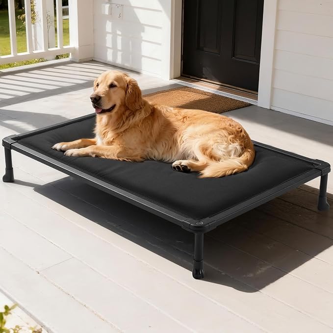 Veehoo Chew Proof Elevated Dog Bed, Padded Indestructible Raised Dog Cot | Orthopedic Dog Platform Bed with Soft Padded Mat, Durable Waterproof Pet Cot for Indoor, Outdoor or Crate, 49-Inch, Black