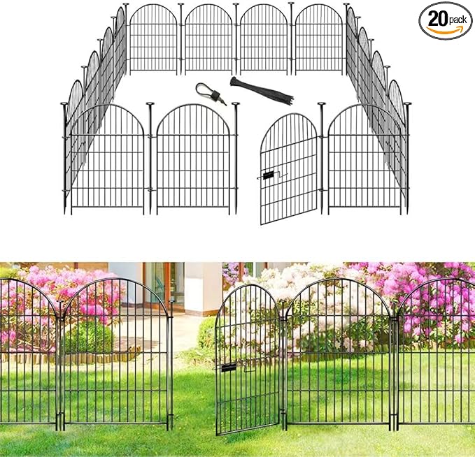 Adavin Tall Garden Fence Animal Barrier with Gate, 40 in(H)×43.7ft(L) 20 Panels No Dig Fence for Dogs, Rustproof Metal Wire Animal Barrier Fences for Dogs Rabbits, Black Garden Fencing for Yard Patio