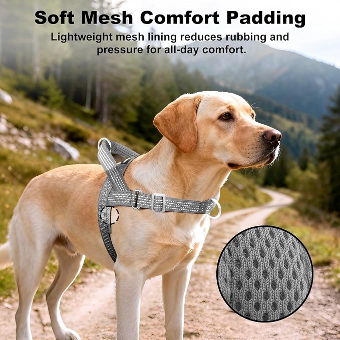 No Pull Dog Harness with Handle, Adjustable Soft Mesh Padded Vest | Reflective Walking Harness with Front Clip for Small Medium Large Dogs, Quick Fit No Escape for Training, Gray. XL
