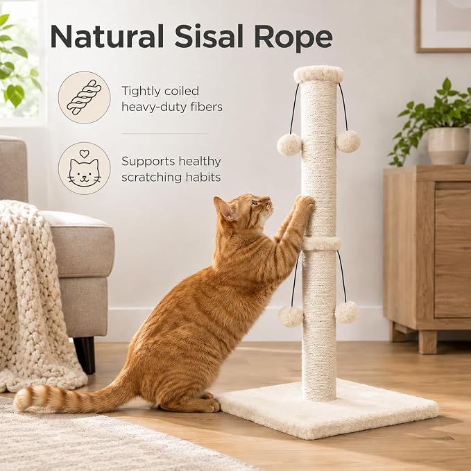 Dimaka 34'' Cat Scratching Post, Cat Scratching Post, Cat Scratcher for Large Cats with Teasing Toy Ball, Natural Sisal White and Grey (Beige)