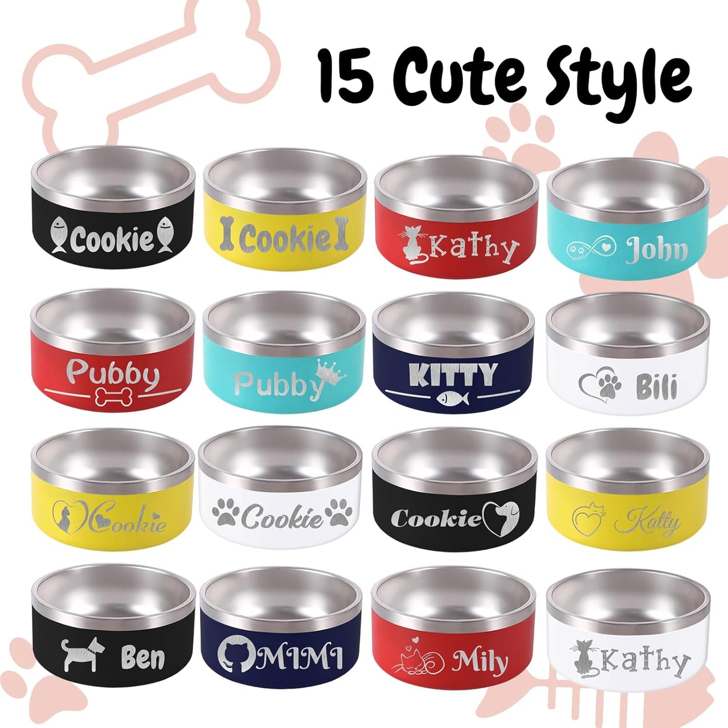 64OZ Personalized Dog Bowl Laser Engraved Custom Pet Name 18/32/42/64 oz No Slip Stainless Steel Insulated Bite-Resistant Food Water Dishes-White
