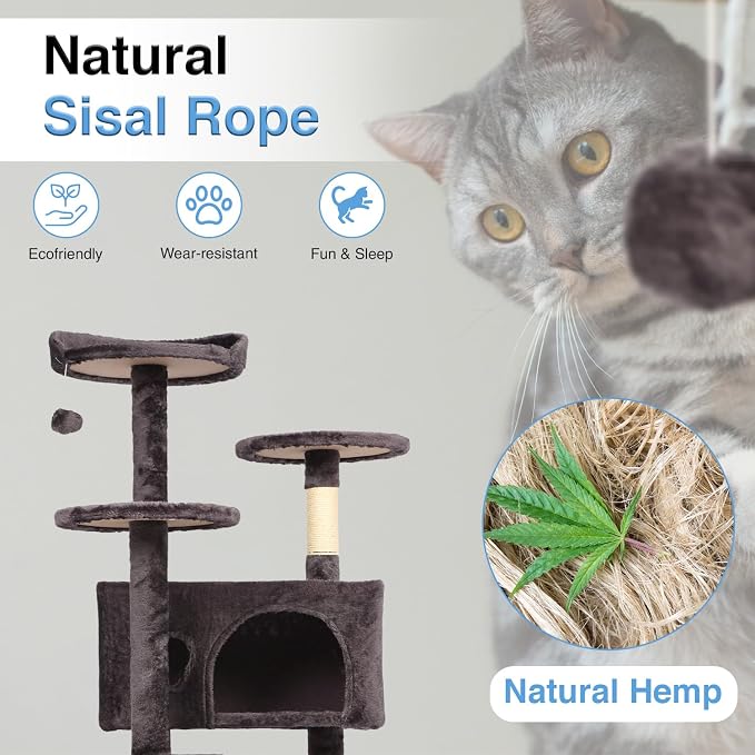 FDW | 54" Cat Tree Tower | Purple Gray | Multi-Level Indoor Activity Center with Sisal Scratching Posts, Condos, Plush Perches, Hanging Cat Toys | Sturdy, Easy to Assemble | for Kittens & Adult Cats