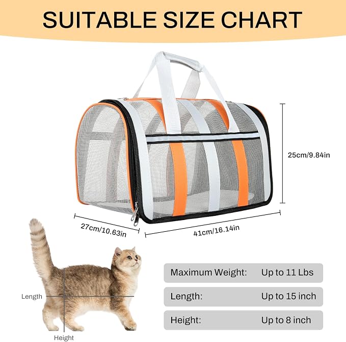 Soft Sided Pet Carrier, Airline Approved Dog Cat Travel Bag with Mesh Windows, Collapsible Portable Pet Carrier for Small Medium Dogs Cats (Orange)