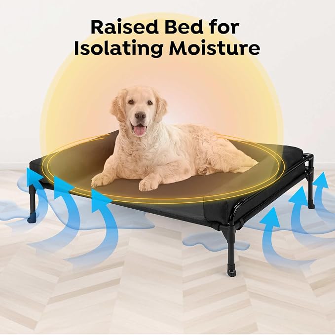 Veehoo Outdoor Elevated Dog Bed-Cooling Raised Dog Cot for Large Sized Dogs | Three-Sided Fence Raised Pet Cot with Mesh & No-Slip Feet Dog Hammock Bed with Removable Bolster-41" x 27" Black