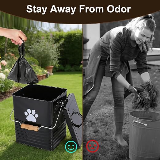 1.85Gal/7L Small Outdoor Trash Can with Lid, Metal Dog Poop Trash Can Outside, Dog Waste Container Bucket Handle(75 Trash Bags Included)-Black