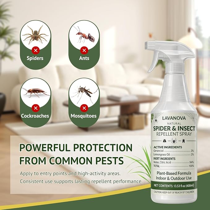 Spider Repellent Indoor & Outdoor, 13.5 OZ Lemongrass Oil Spider & Insect Repellent Spray, Plant-Based Bug Control for Spiders, Ants, Roaches and Other Common Household Pests, Kids and Pets Safe