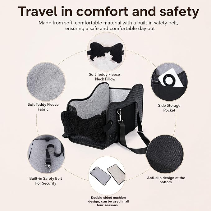 Dog Car Seat for Small Dogs，Center Console Pet Booster Car Seat | Pet Car Seat (Up to 15 lbs), Adjustable Straps, Storage Pocket, Anti-Collapse, Washable Reversible Seat Cushion Black