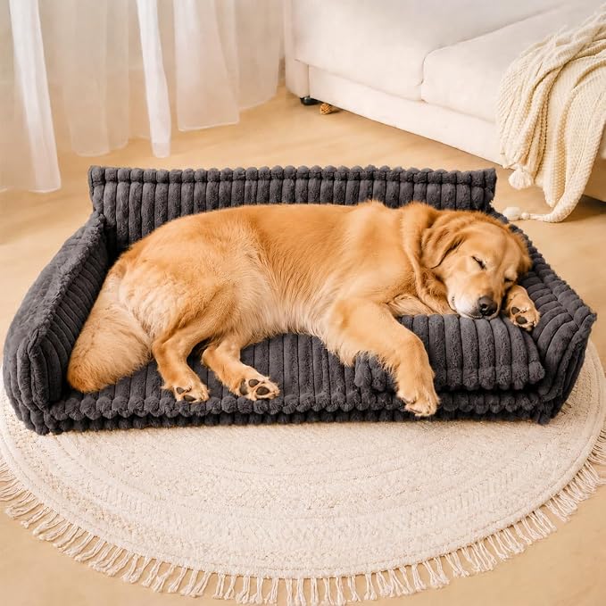 FUNNY FUZZY Dog Bed, Fluffy XXL Orthopedic Dog Couch with Pillow, Grey | Support Dog Bed for Extral Large Dogs, Cozy Corduroy Flannel, Non-slip, Snoozy Dream 47"×29.5"×15.7", Up to 75 Lbs
