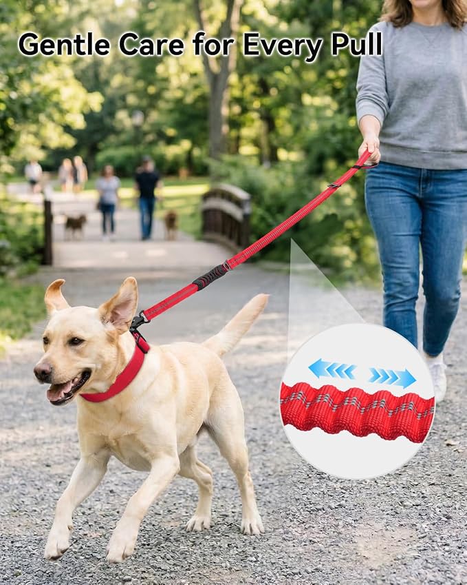 Joytale Tactical Bungee Dog Leash, Shock Absorbing No Pull, Red | For Large Dogs That Pull, 2 Padded Handles for Control, Car Seatbelt Clip, Reflective for Night Safety, Metal Frog Clip