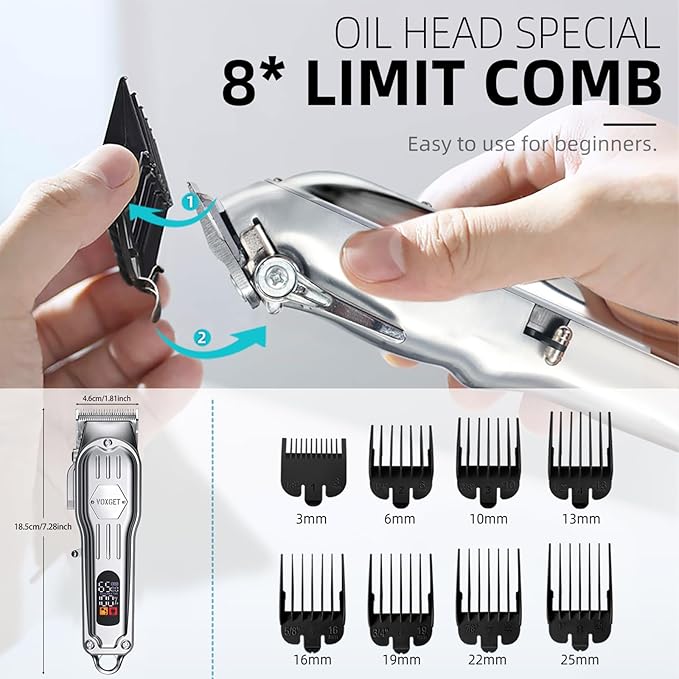 Dog Clippers for Grooming Thick Hair, Upgrade Low Noise Pet Shaver with 8 Size Detachable Combs for Heavy Curly Hair, Rechargeable Metal Blade Clipper Grooming Kit for Dogs Animals (Silvery)