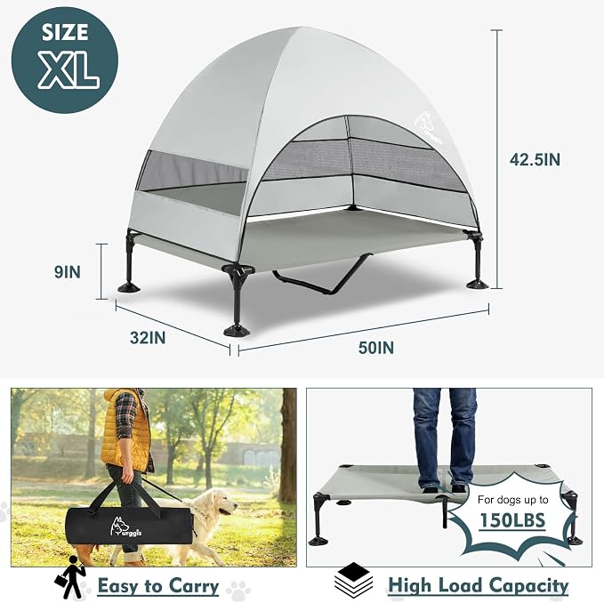Elevated Outdoor Dog Bed with Canopy Raised Dog Cot with Shade Large Dog | Outdoor Dog Bed with Removable Wider Shade & Stable Anti-Slip Feet for Camping Raised Dogs Cot for Large Pets