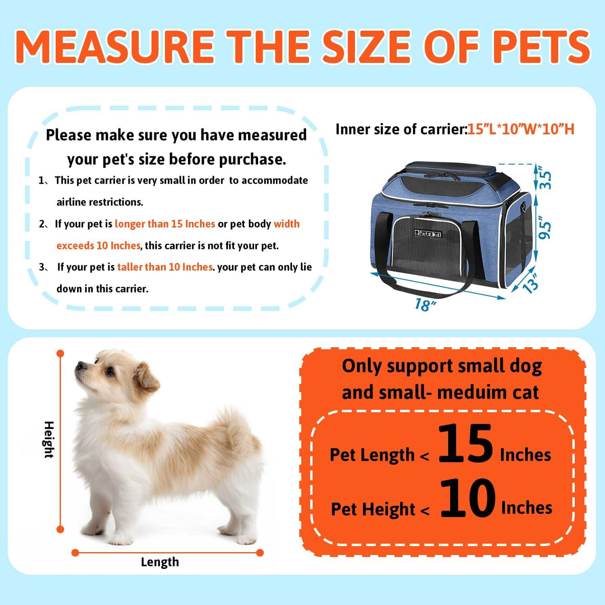 Petskd Top-Expandable Pet Carrier 18x13x9.5 Inches Southwest Airline Approved, Soft-Sided Carrier for Small Cats and Dogs with Locking Safety Zippers and Anti-Scratch Mesh(Blue)