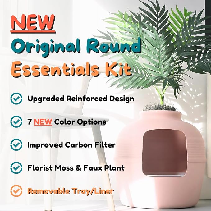 Good Pet Stuff Original Hidden Litter Box Planter, Decorative Cat Litter Enclosure with Carbon Filter, Artificial Palm Plant, Upgraded Design, Easy Clean Litter Tray, Essentials Kit, Pink Coral
