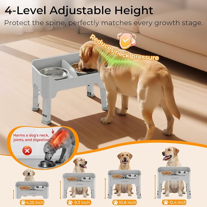 URPOWER Mess Proof Elevated Dog Bowls, Splash Guard Raised Bowl Stand | 4 Adjustable Heights, 2 Stainless Steel Bowls, Food & Water Separation, Foldable Design Non-Slip for Small Medium Large Dogs