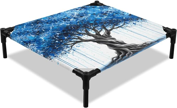 Outdoor Elevated Dog Bed for Small Dogs, Blue Trees Breathable Cooling Raised Dog Cot for Indoor/Outdoor, Boho Nature Branch Leaf Plants Landscape Waterproof Elevated Pet Beds, S 20 x 20 in
