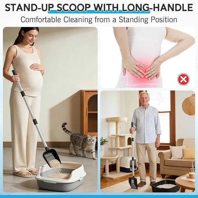 Cat Litter Scoop, Deep Shovel with Metal Long Handle, 21"-39.5" Telescopic & Adjustable Heavy Duty Fast Sifting Shovel Kitty Litter Scooper for Sifting Cats Litter