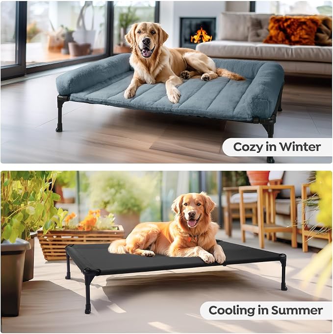 Veehoo Elevated Dog Beds Large Sized Dog with Fluffy Plush Bolster Cushion | Orthopedic Raised Dog Beds for Indoor Outdoor, Soft Pet Sofa Cot with Removable Washable Mat, No-Slip Feet, 42" x 30", Blue