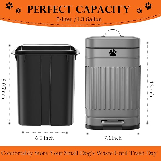 Dog Poop Trash Can Outside - 5L/1.3Gal Small Trash Can with Lid, Gray | Outdoor Dog Poop Trash Can with 40 Bags, Pedal, Removable Inner Bin, Metal Dog Waste Trash Can with Soft Close, Odor Control