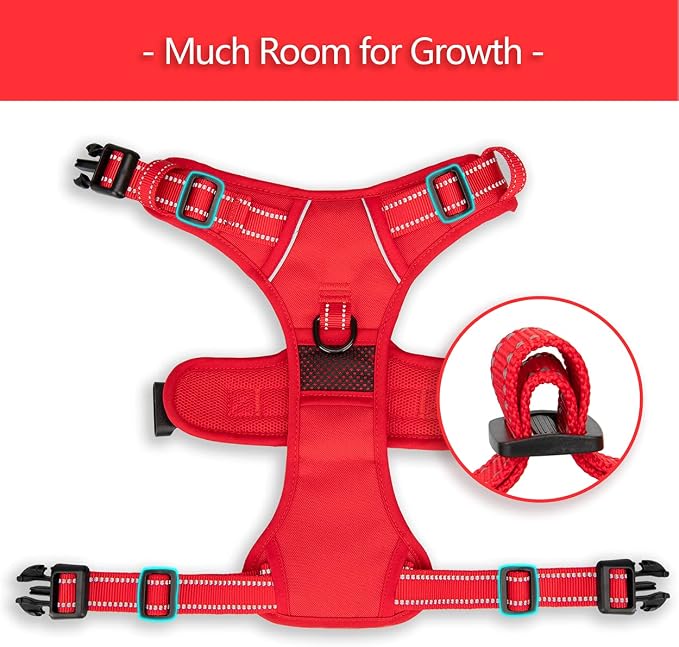 PoyPet No Pull Dog Harness, Reflective Vest with 2 Leash Clips & Handle | Lockable Neck Release Buckle, No Choke, Adjustable, Soft Padded, for Walking Training, Red Matching Trim, Medium